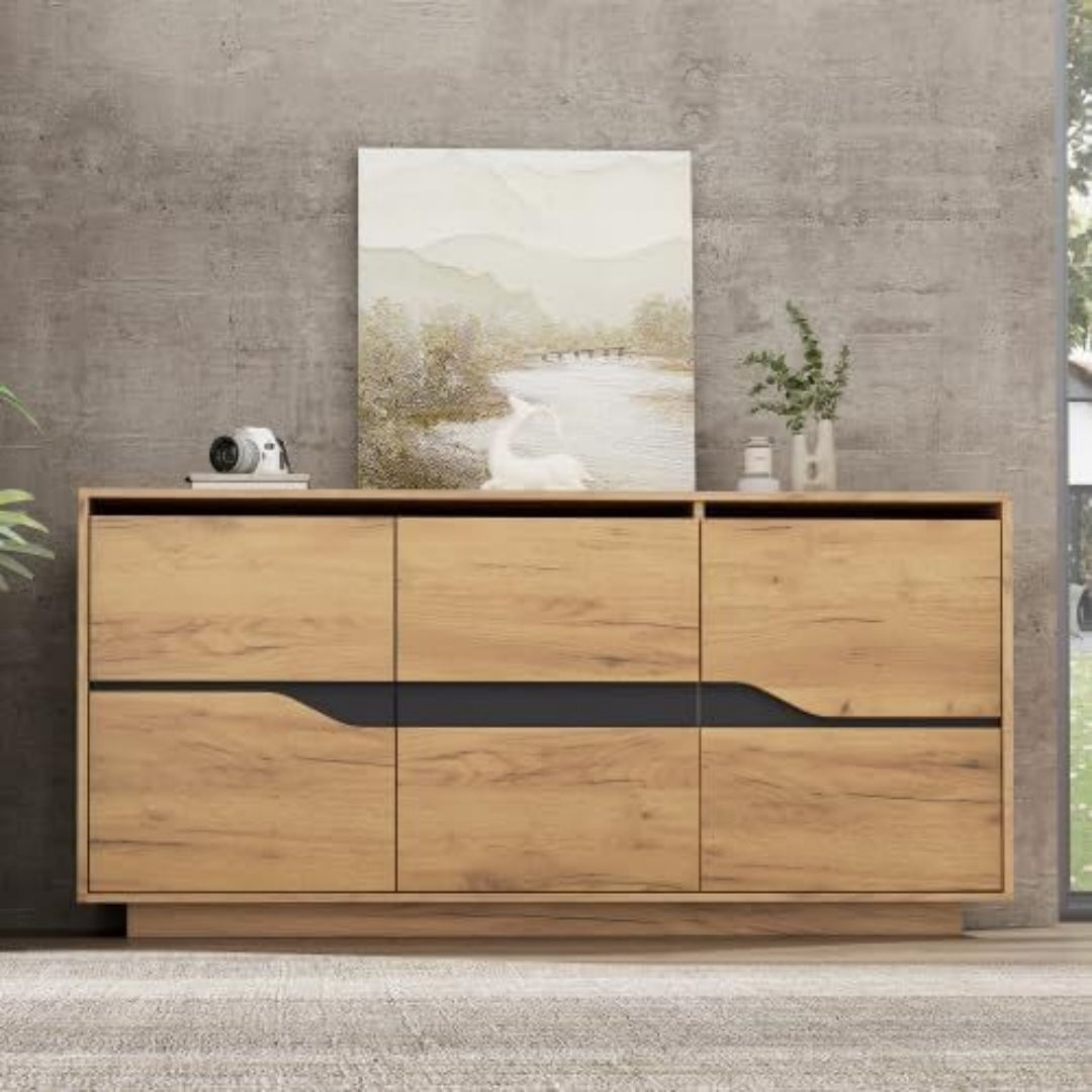 Pour un interieur harmonieux, armoire avec elements vitres, a l'aspect bois en finition bois naturel