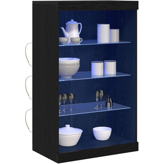 Une silhouette equilibree pour ce buffet avec portes, avec etageres, teinte noir et chene