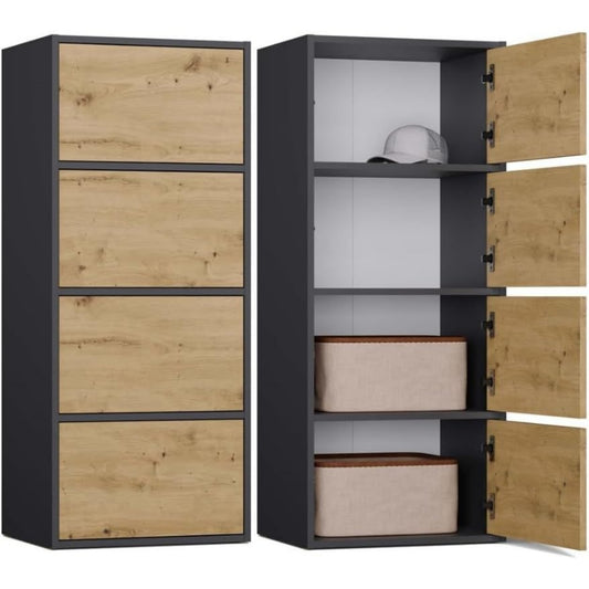 Le charme du rangement avec ce commode avec portes, avec etageres, coloris blanc et chene