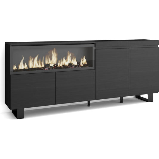 Le charme du rangement avec ce buffet avec portes, avec etageres, coloris noir et bois naturel