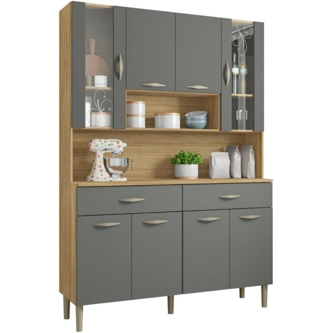 Un espace mieux organise grace a ce buffet avec tiroirs, avec portes, finition gris et chene