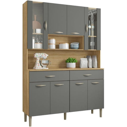 Un espace mieux organise grace a ce buffet avec tiroirs, avec portes, finition gris et chene