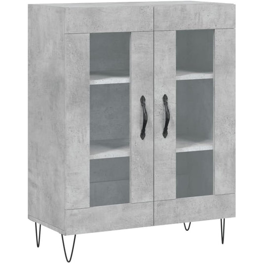 Une silhouette equilibree pour ce buffet avec elements vitres, a l'aspect bois, teinte gris et bois naturel
